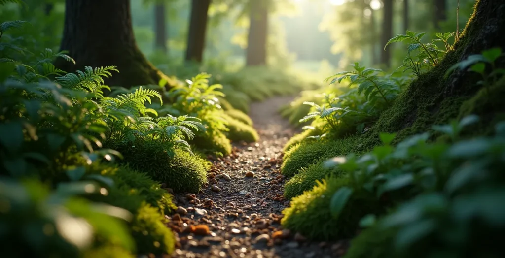 Schmaler Waldpfad durch unberührte Natur, der die Verletzlichkeit und Schutzbedürftigkeit von Trails symbolisiert Schmaler Waldpfad durch unberührte Natur, der die Verletzlichkeit und Schutzbedürftigkeit von Trails symbolisiert